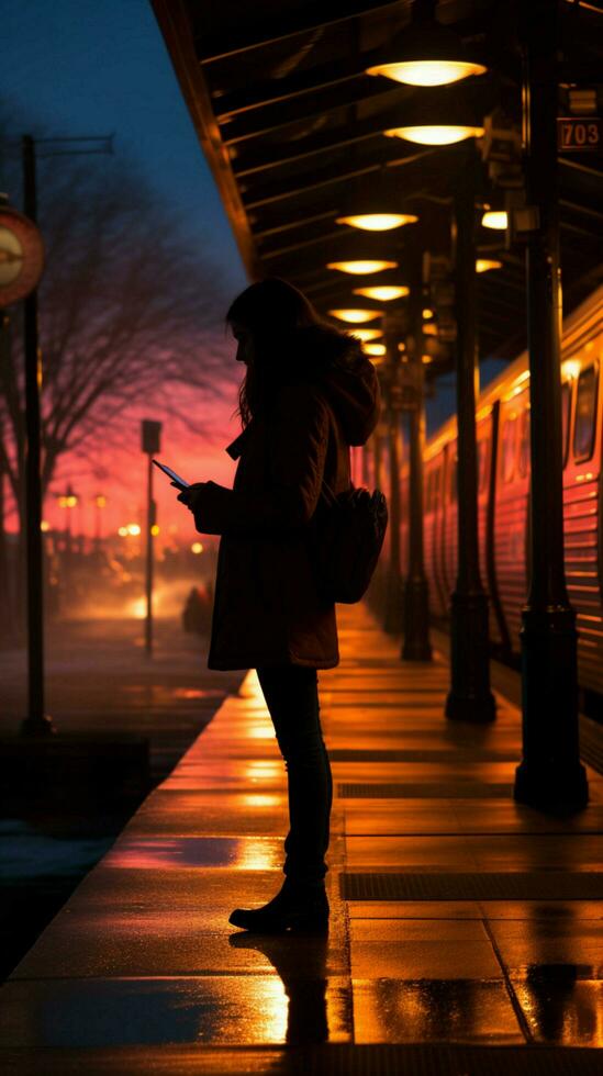aftekenen vrouw wacht Aan platform, telefoon lit door voorbijgaan trein s gloed verticaal mobiel behang ai gegenereerd foto