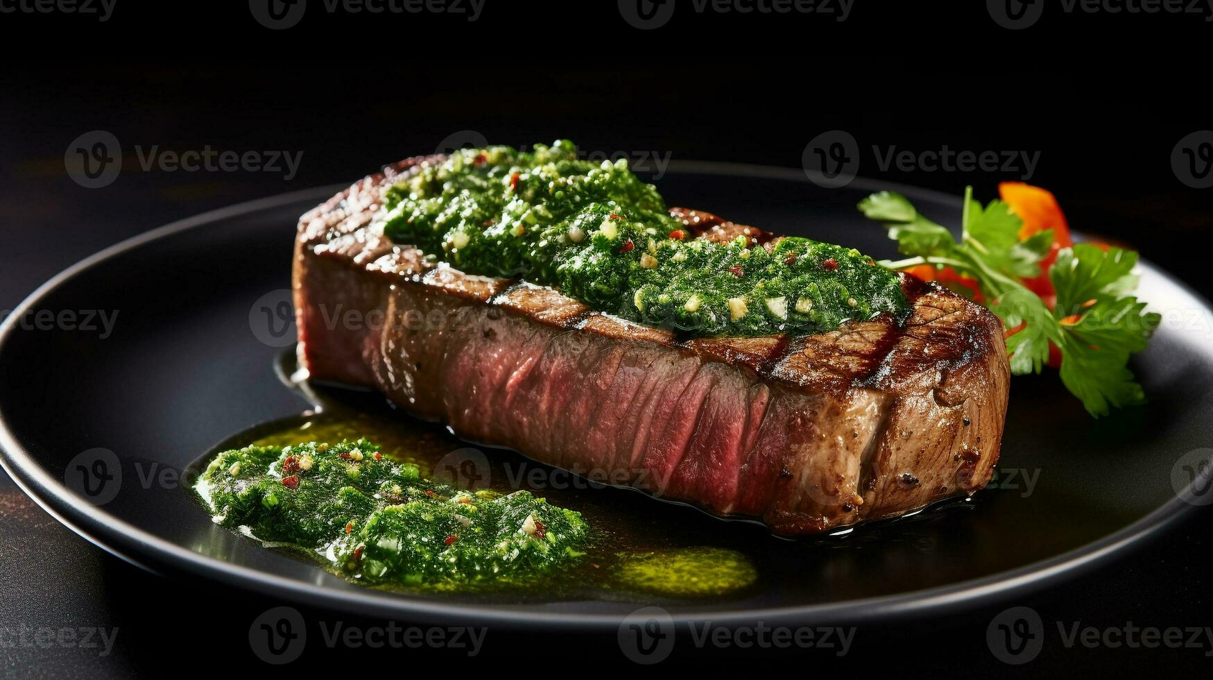 foto van gegrild steak met chimichurri net zo een schotel in een hoogwaardig restaurant. generatief ai