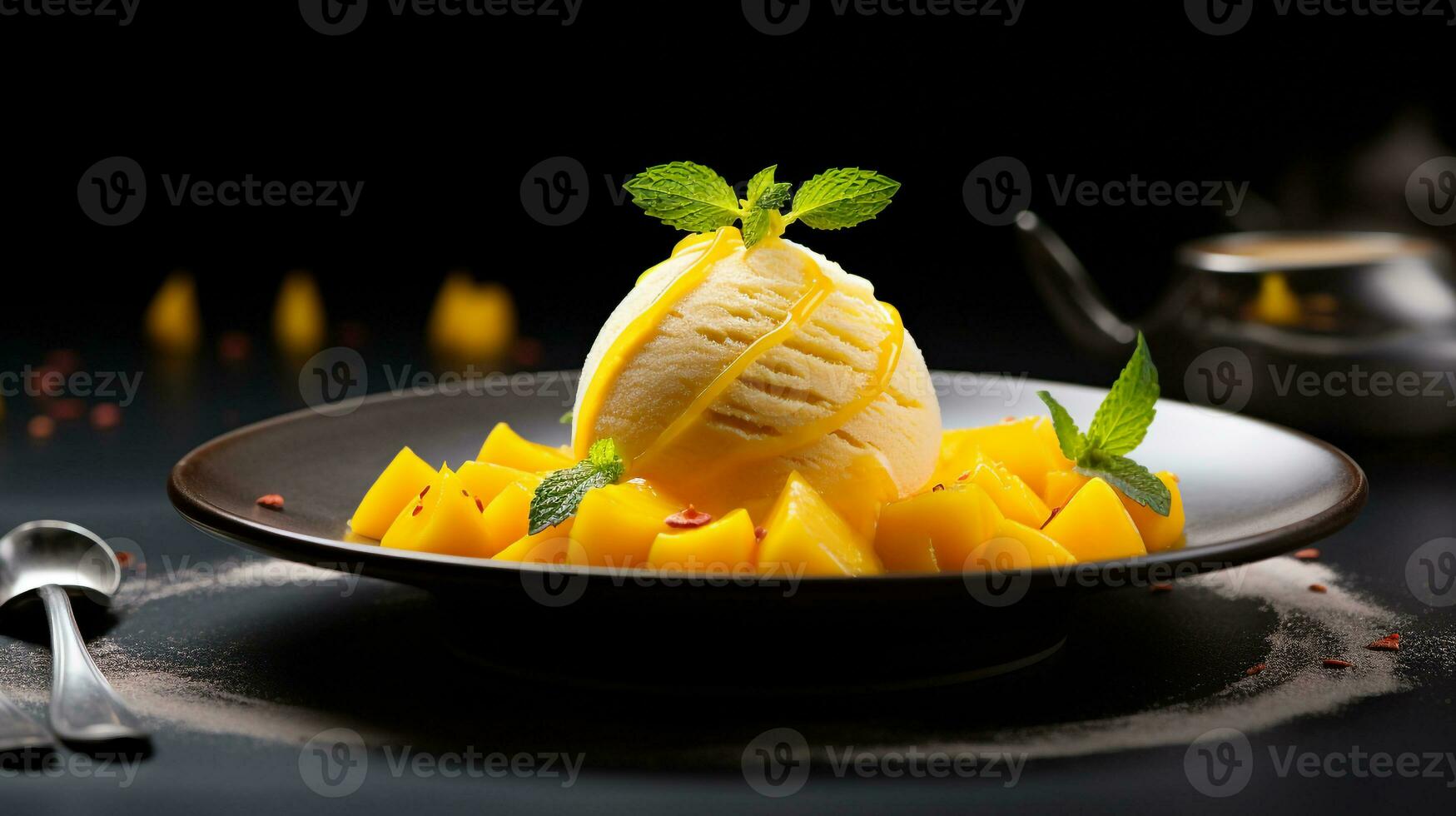 foto van mango sorbet net zo een schotel in een hoogwaardig restaurant. generatief ai