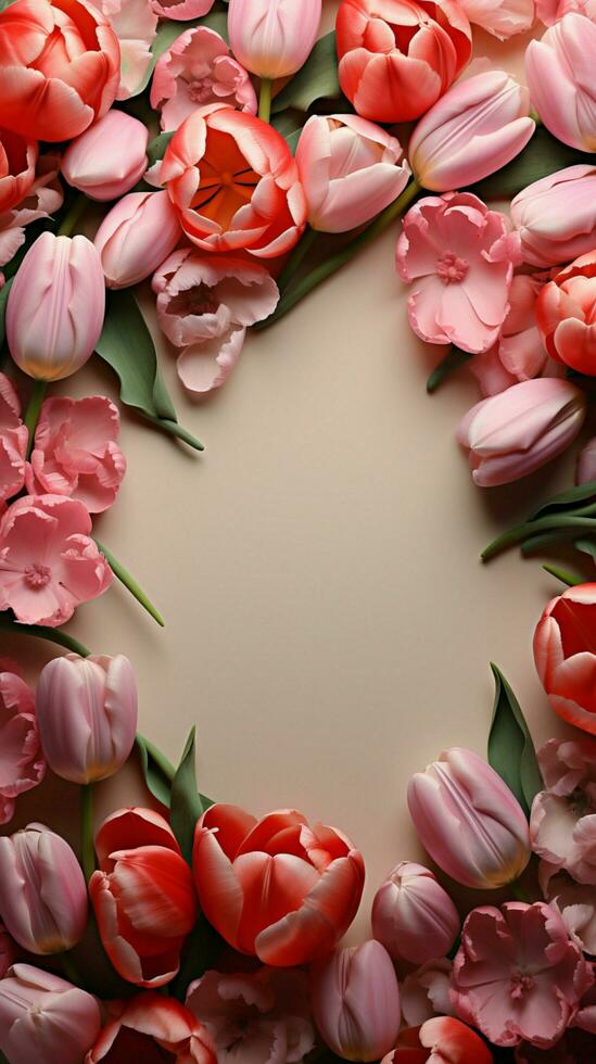 een verrukkelijk kader van tulpen en roos, aanbieden kamer voor tekst verticaal mobiel behang ai gegenereerd foto