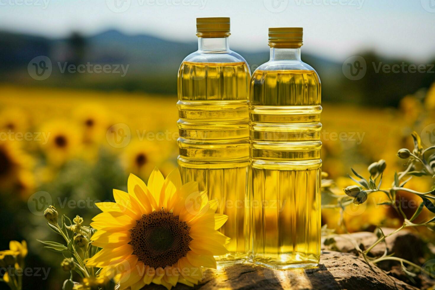 selectief focus Aan een zonnebloem olie fles temidden van een pittoreske zonnebloem veld- ai gegenereerd foto