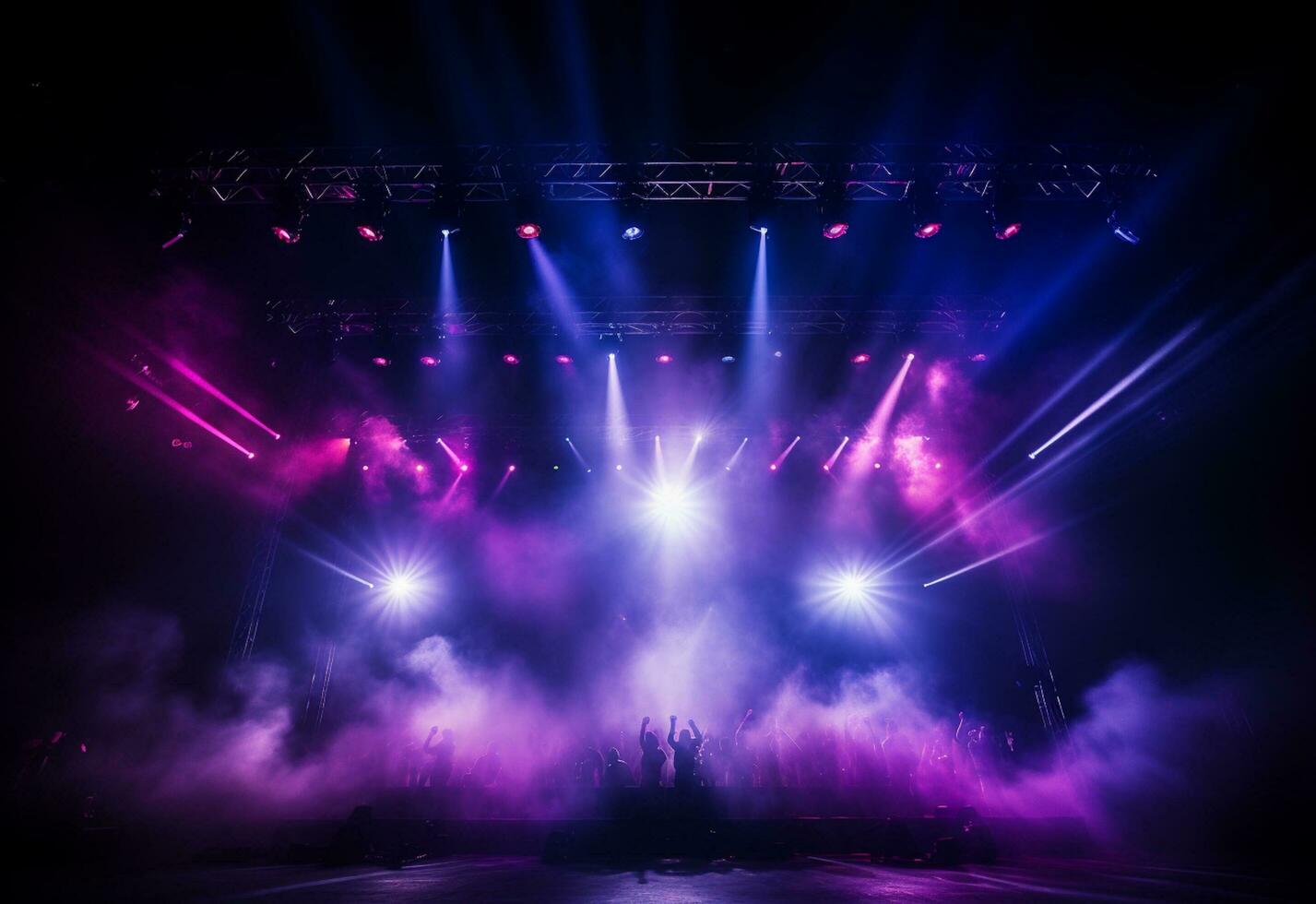 ai generatief concert stadium landschap met schijnwerpers gekleurde lichten rook foto