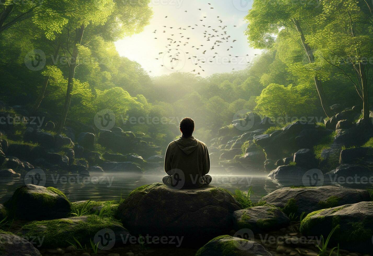 ai generatief foto van een Mens beoefenen opmerkzaamheid en meditatie in een vredig natuurlijk milieu Sony a7s realistisch afbeelding, ultra hd, hoog ontwerp heel gedetailleerd