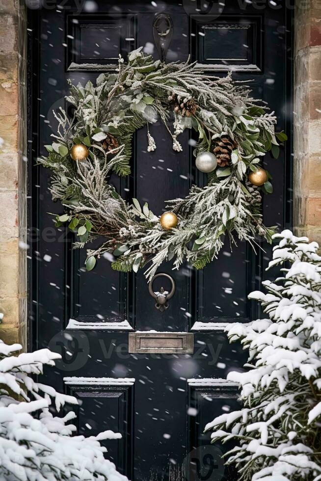 Kerstmis vakantie, land huisje en sneeuwen winter, krans decoratie Aan een deur, vrolijk Kerstmis en gelukkig vakantie wensen, generatief ai foto