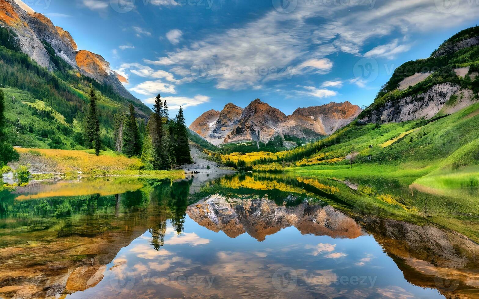 spiegel van majesteit, vastleggen de subliem reflectie van een dramatisch berg reeks in de sereen omhelzing van een kalmte meer. ai gegenereerd foto