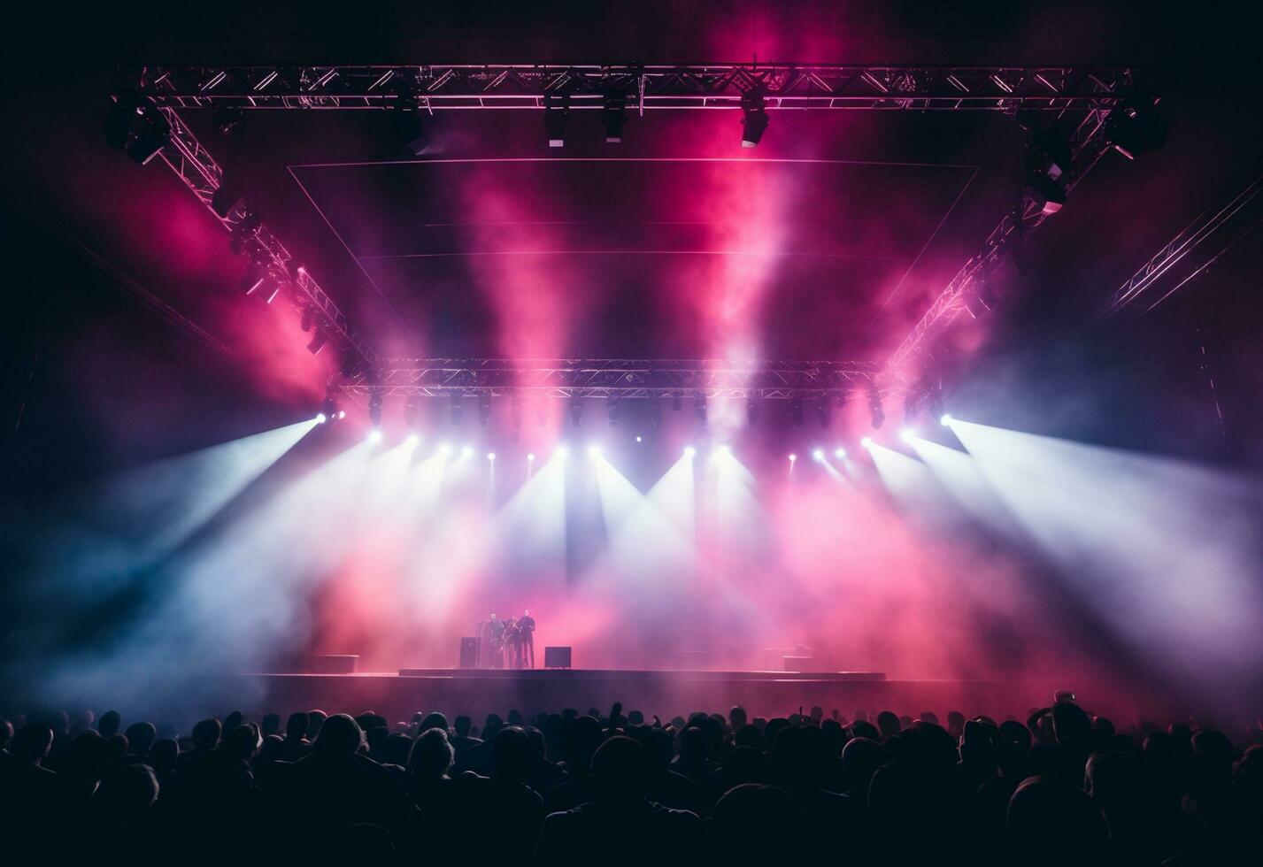 ai generatief concert stadium landschap met schijnwerpers gekleurde lichten rook foto