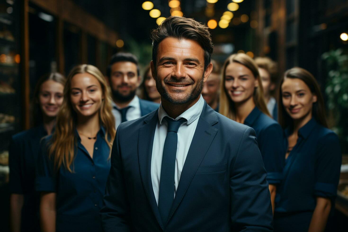 ai generatief groep van gelukkig bedrijf Mens en bedrijf Dames, gekleed in pakken zijn lachend, in de kantoor foto