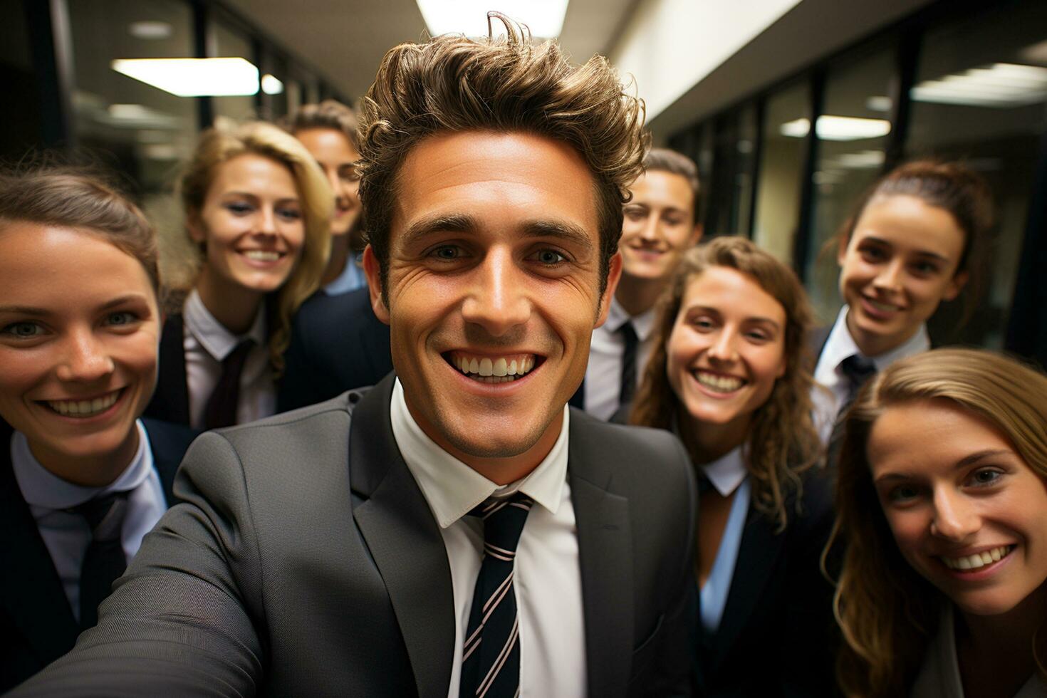 ai generatief groep van gelukkig bedrijf Mens en bedrijf Dames, gekleed in pakken zijn lachend, in de kantoor foto