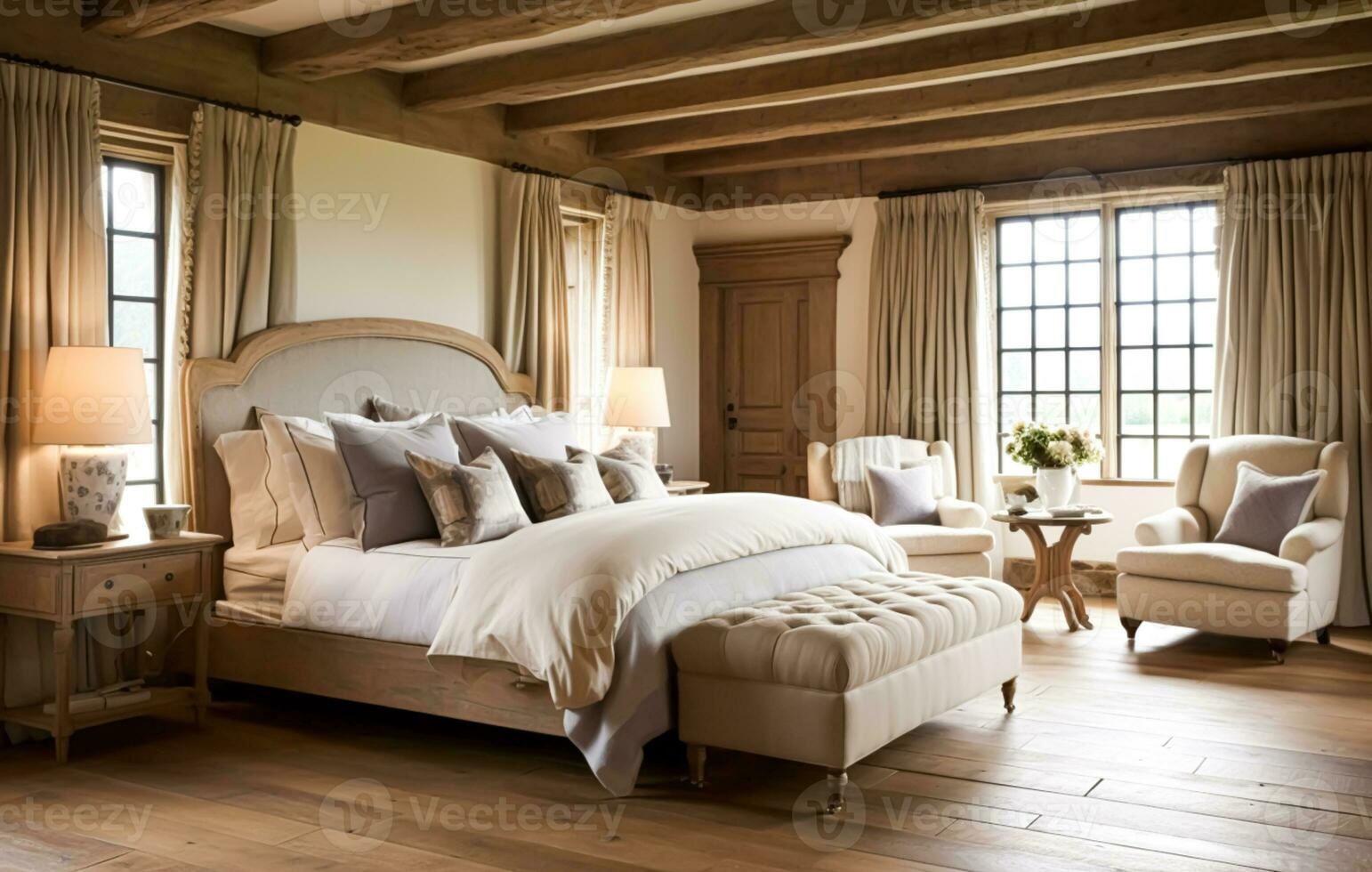 slaapkamer decor, interieur ontwerp en vakantie verhuur, klassiek bed met elegant pluche beddengoed en meubilair, Engels land huis en huisje stijl foto