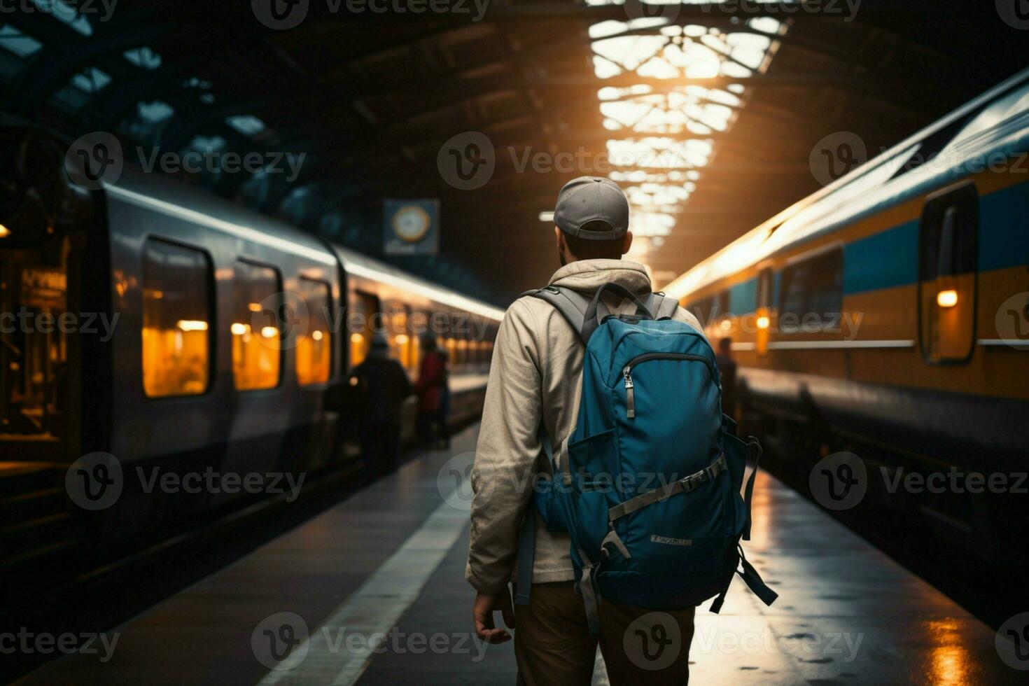 een eenzaam reiziger, Laden met een rugzak, stappen vol vertrouwen in de trein station ai gegenereerd foto