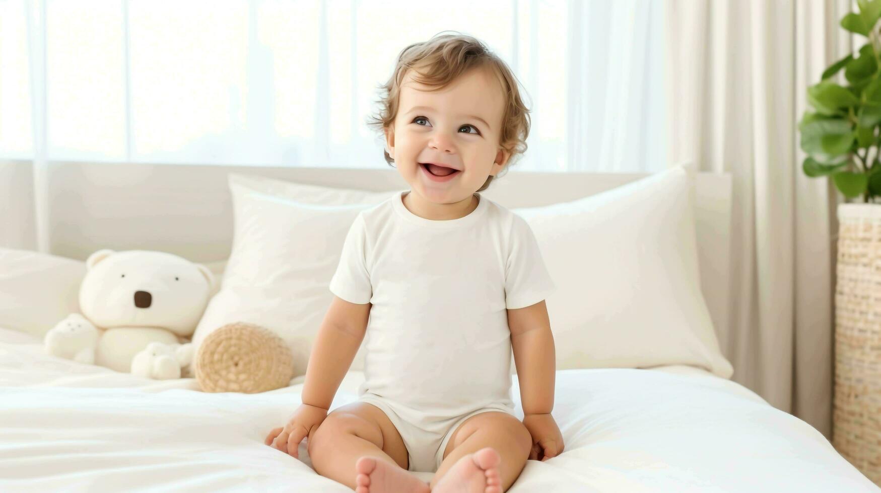 een verrukkelijk tafereel portretteert een baby's speelsheid, met een wit overhemd bodysuit mockup versleten door de weinig een, reeks tegen een sereen wit bed achtergrond, ai gegenereerd foto