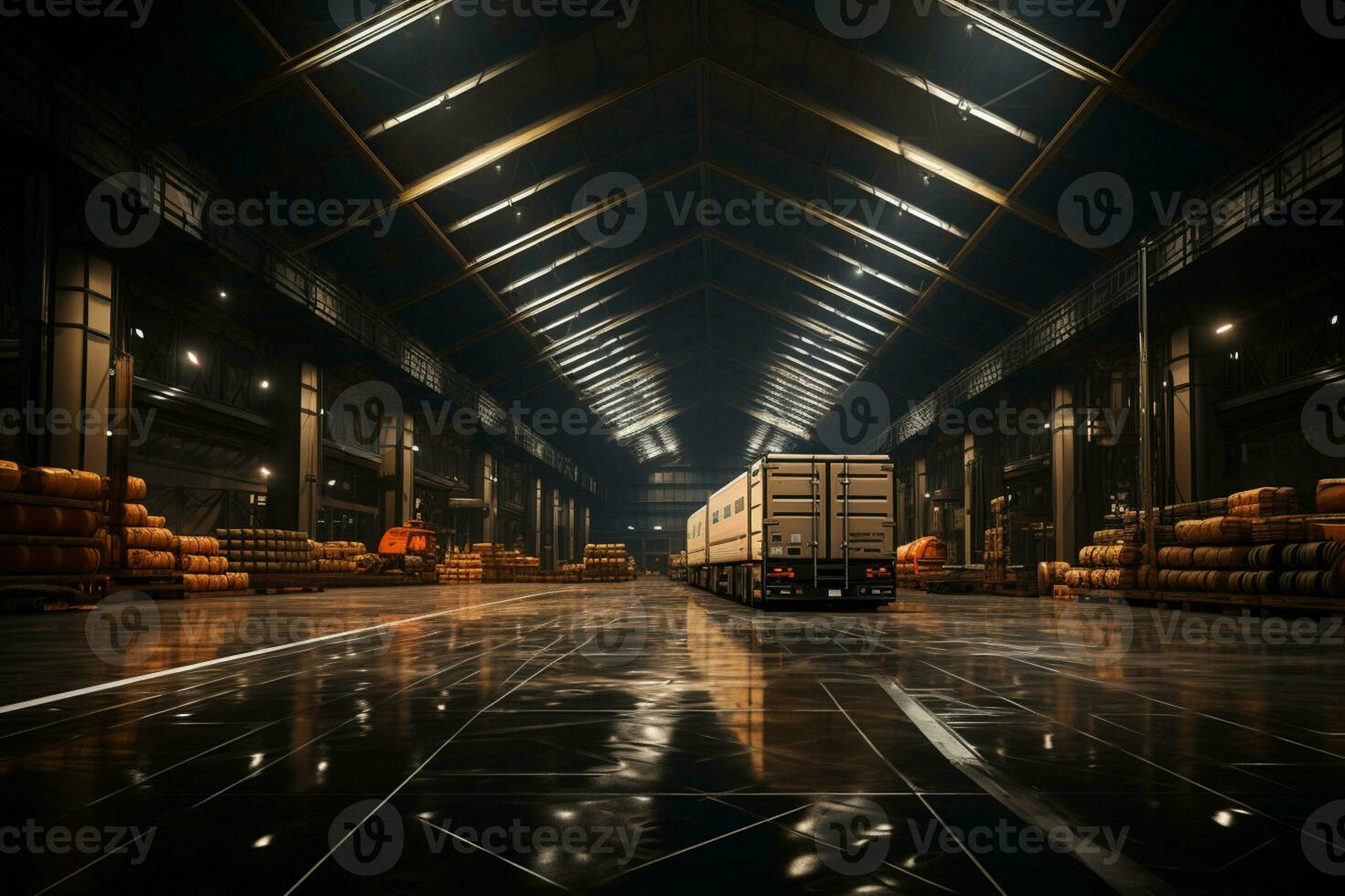 lading opgeslagen in een enorm magazijn onder een stevig metaal kader dak ai gegenereerd foto