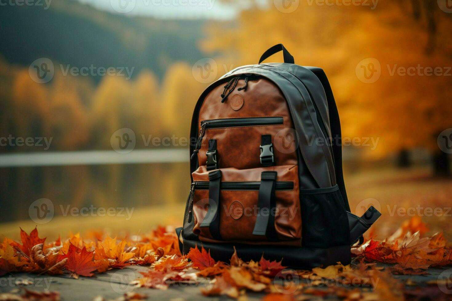 ai technologie ambachten rugzak en accessoires tegen een verbijsterend herfst natuur backdrop ai gegenereerd foto