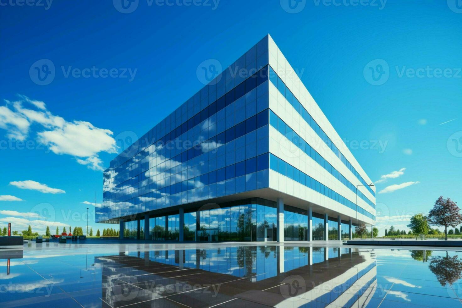 blauwe lucht backdrop complementen een strak modern kantoor gebouw, vertegenwoordigen zakelijke verfijning. ai gegenereerd foto