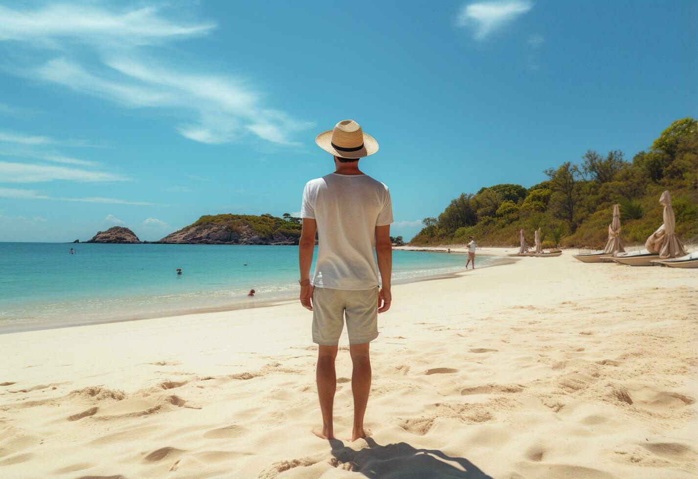 ai generatief terug visie jong toerist Mens in zomer jurk en hoed staand Aan mooi zanderig strand. genieten van. foto