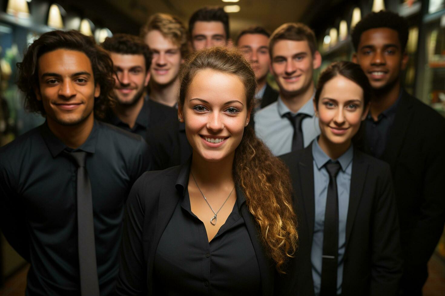 ai generatief groep van gelukkig bedrijf Mens en bedrijf Dames, gekleed in pakken zijn lachend, in de kantoor foto