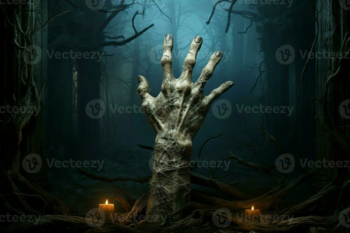 afschuwelijk detail behang highlights halloweens essence met een opvallend zombie hand- motief ai gegenereerd foto