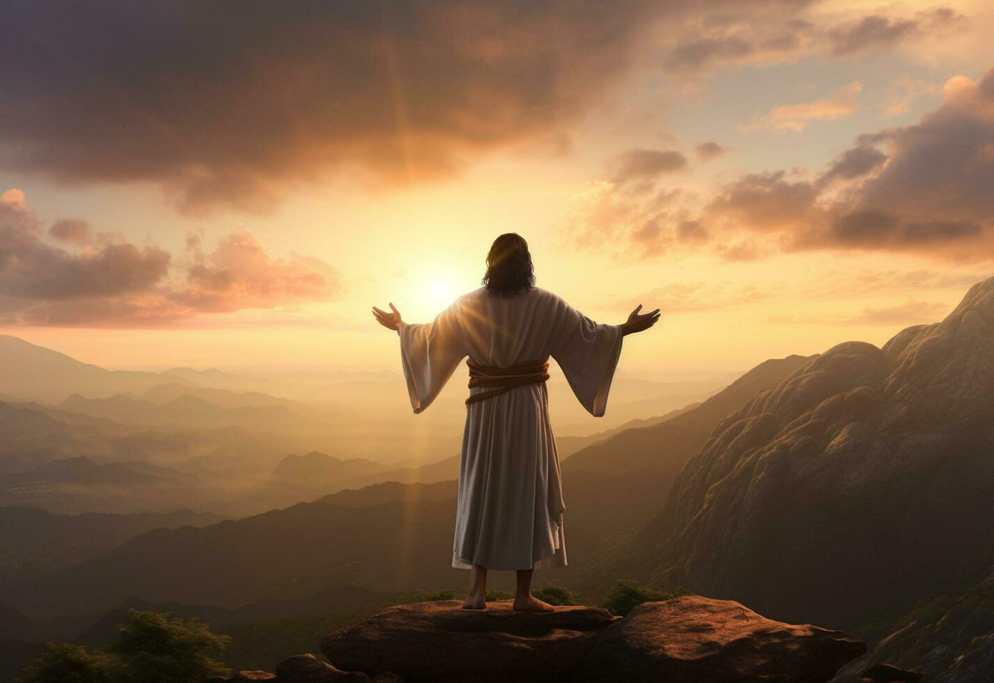 ai generatief Jezus Christus in de heuvels Bij zonsondergang in bouta realistisch afbeelding, ultra hd, hoog ontwerp heel gedetailleerd 8k foto