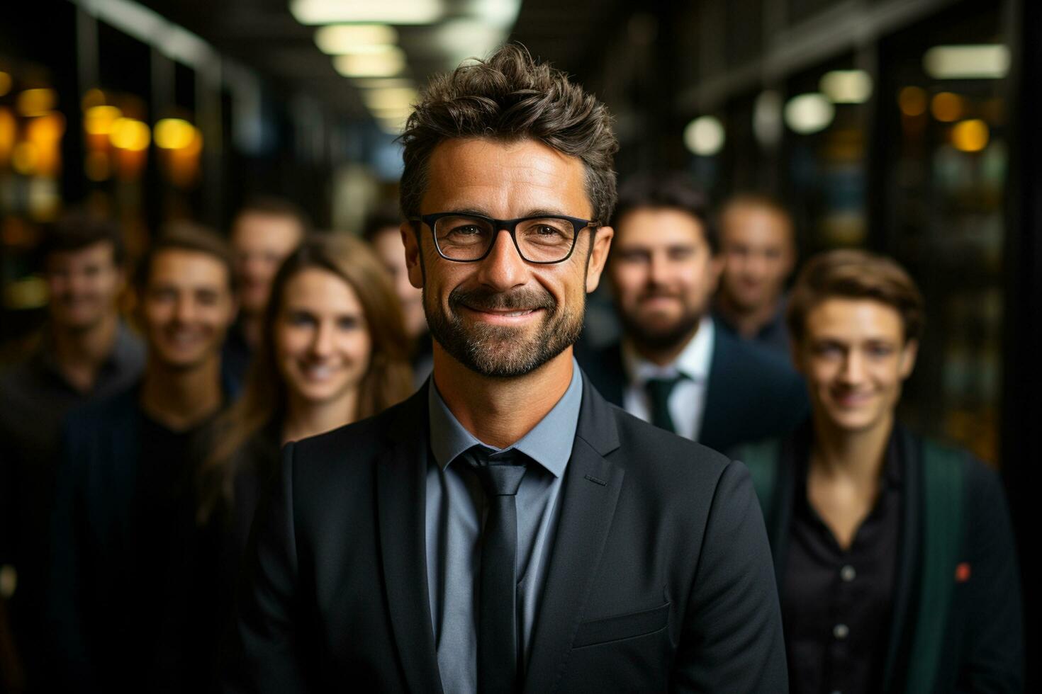 ai generatief groep van gelukkig bedrijf Mens en bedrijf Dames, gekleed in pakken zijn lachend, in de kantoor foto