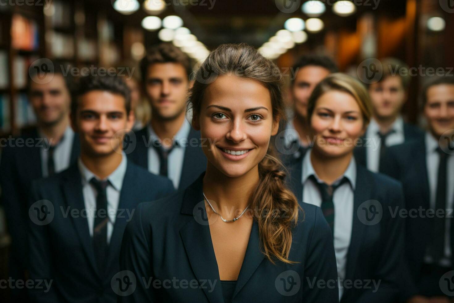 ai generatief groep van gelukkig bedrijf Mens en bedrijf Dames, gekleed in pakken zijn lachend, in de kantoor foto