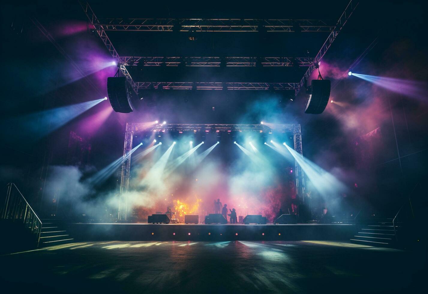 ai generatief concert stadium landschap met schijnwerpers gekleurde lichten rook foto