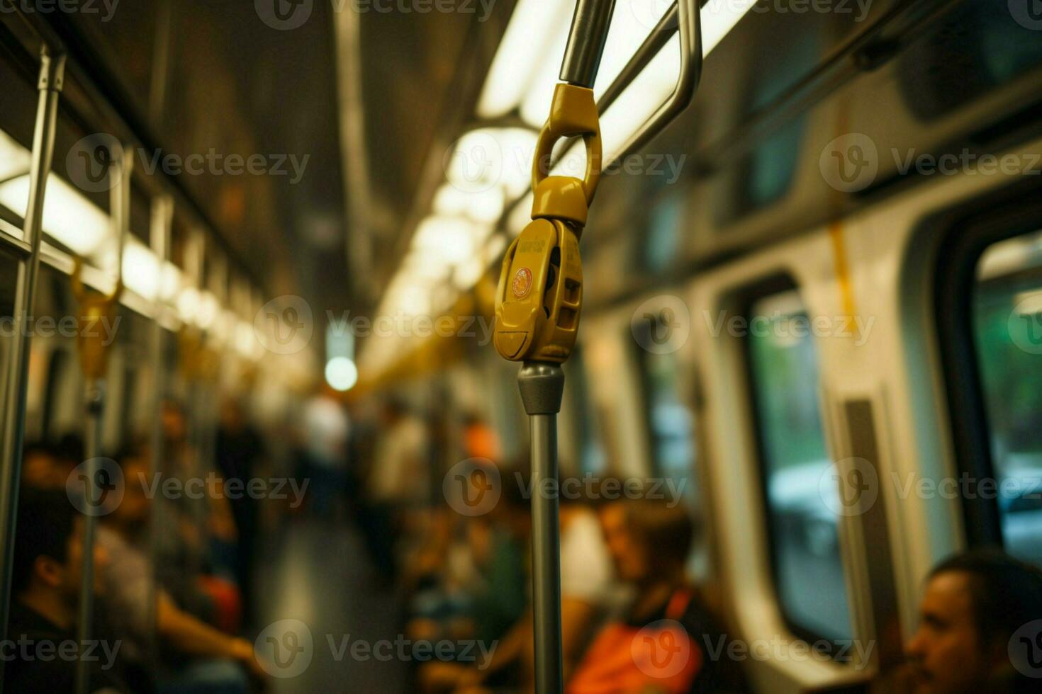 selectief focus wazig hand- grepen metro band, illustreren veiligheid in openbaar vervoer. ai gegenereerd foto