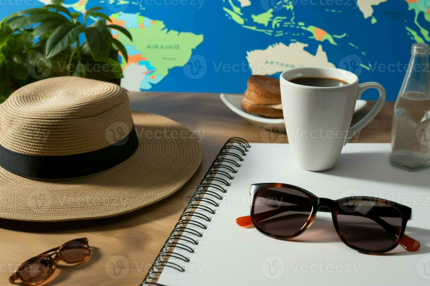 reizen essentials en een koffie beker, belichamen de geest van vakantie toerisme ai gegenereerd foto