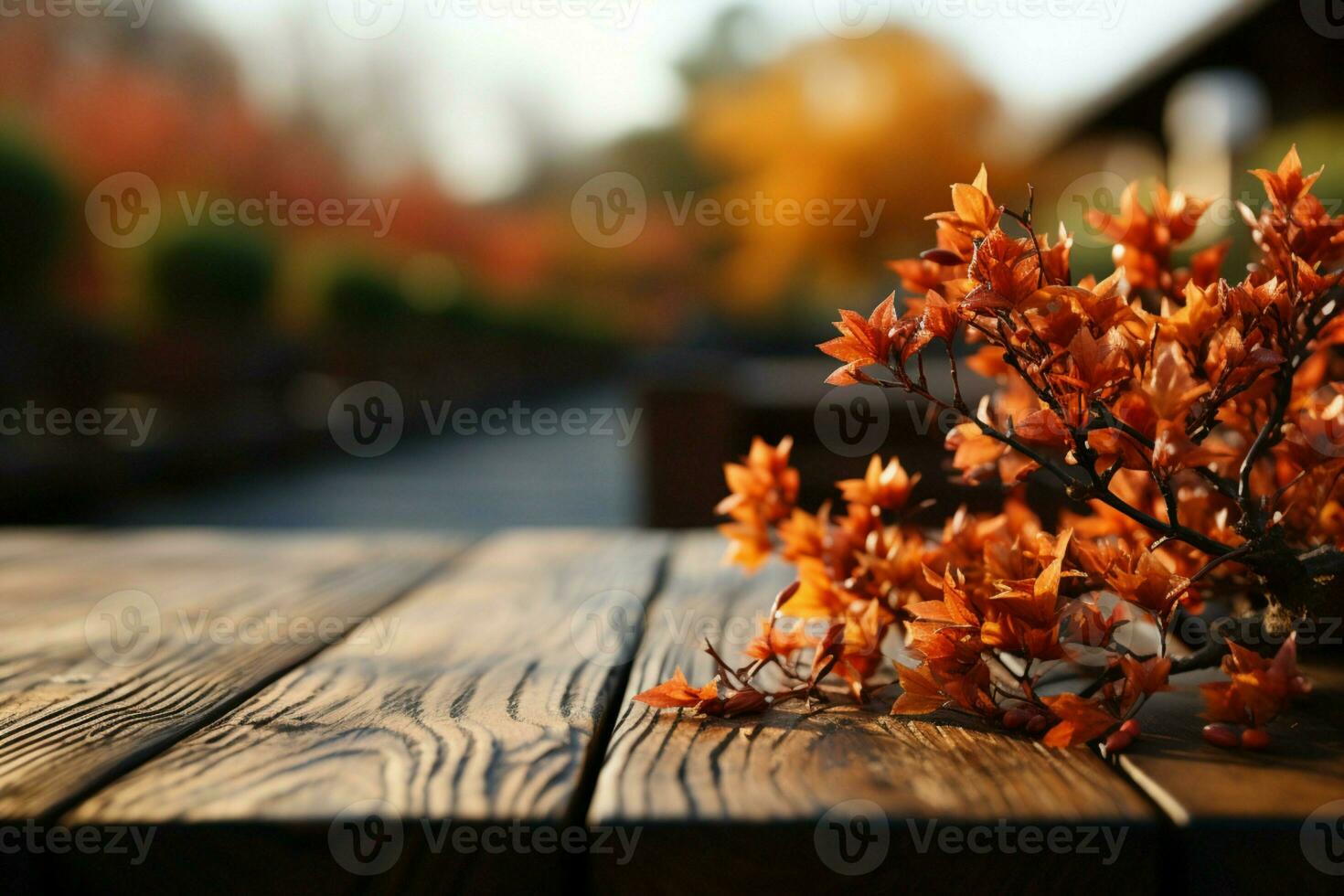 een leeg houten tafel reeks temidden van levendig herfst esdoorn- boom bokeh ai gegenereerd foto
