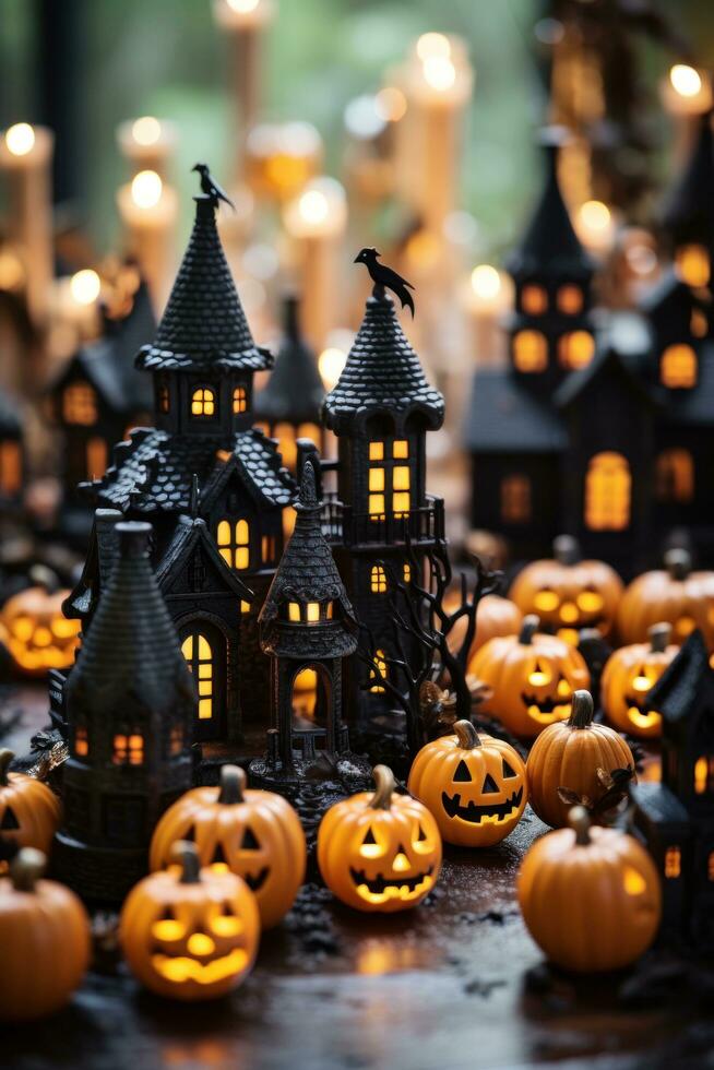 halloween decoraties, spookachtig jack-o-lantaarns, achtervolgd huizen foto