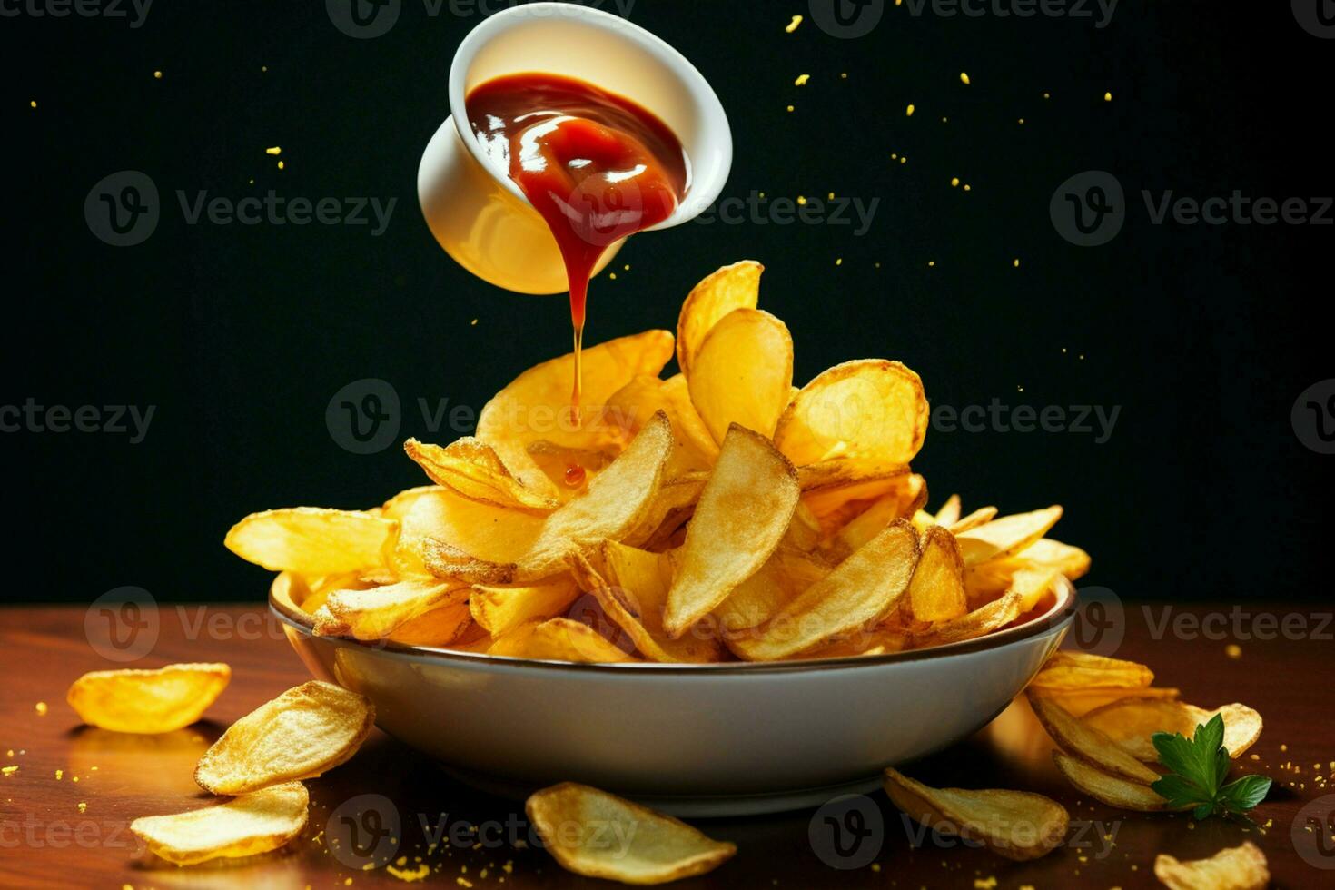 verrukkelijk combinatie aardappel chips tuimelen in een kom met eigengemaakt tomaat ketchup ai gegenereerd foto