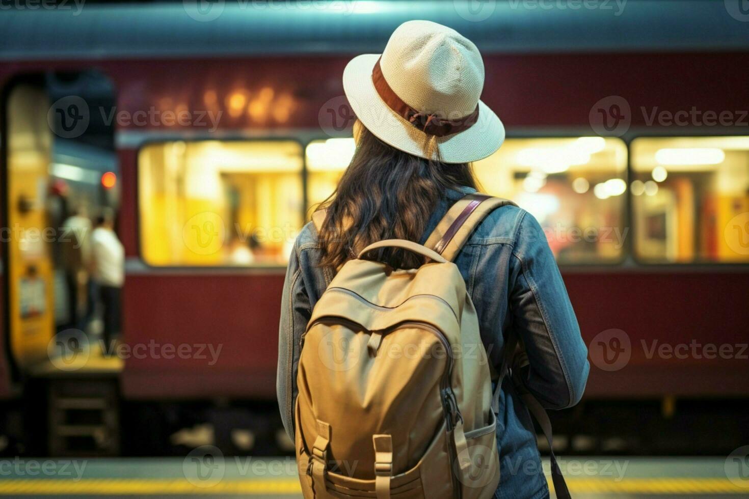 reizigers verwachting Aziatisch vrouw terug visie, aan het wachten, aan het kijken de trein platform ai gegenereerd foto