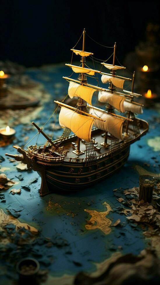 maritiem reis, boot symbool reizen Aan de kaart naar eiland paradijzen verticaal mobiel behang ai gegenereerd foto