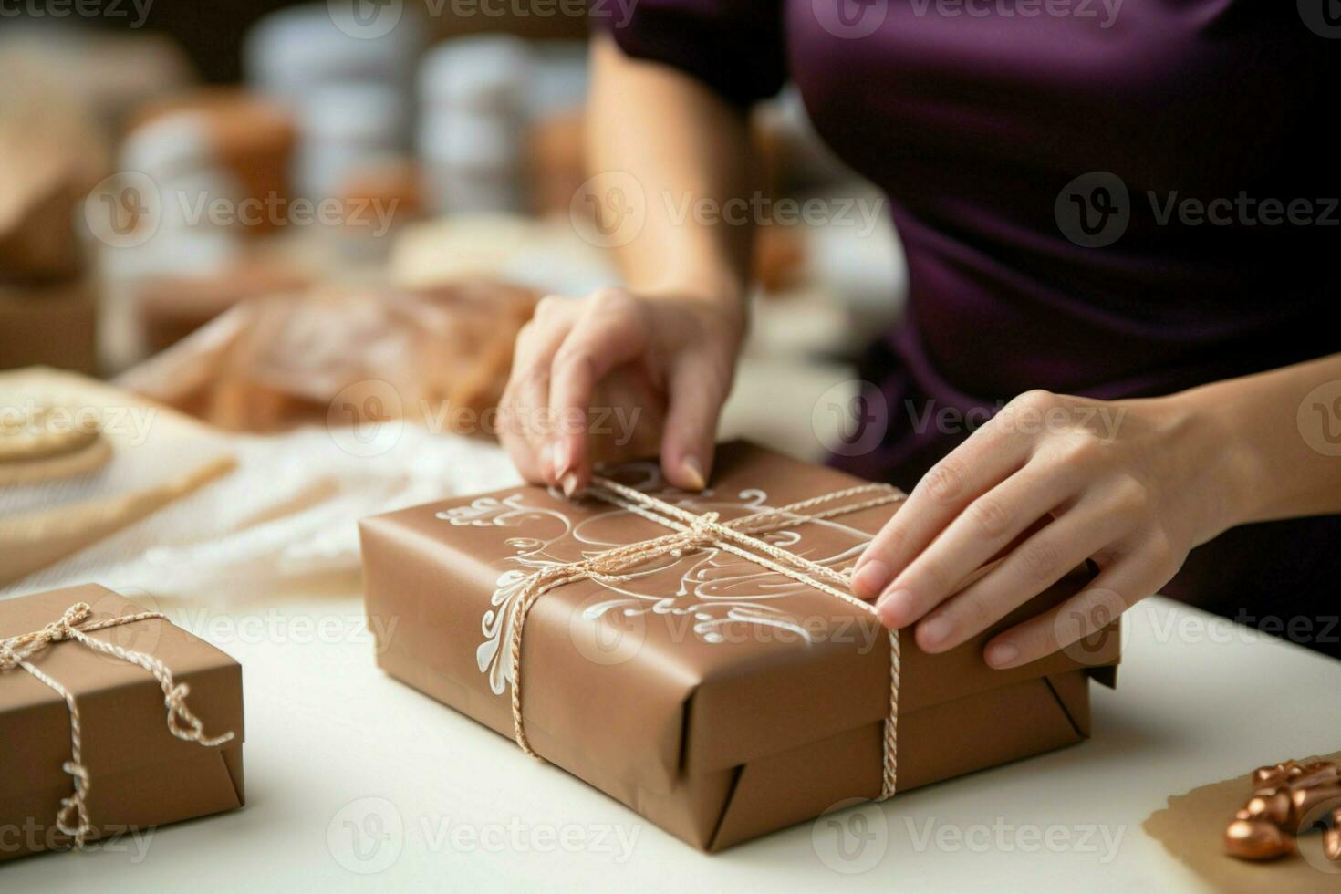 bewerkte elegantie dichtbij omhoog wordt weergegeven banketbakkerij handen kunstzinnig dressing karton doos met finesse. ai gegenereerd foto