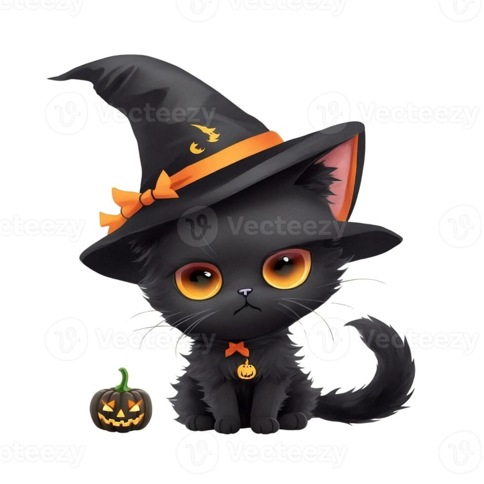 schattig zwart kat in heks hoed en pompoen grafiek voor halloween Aan wit achtergrond foto