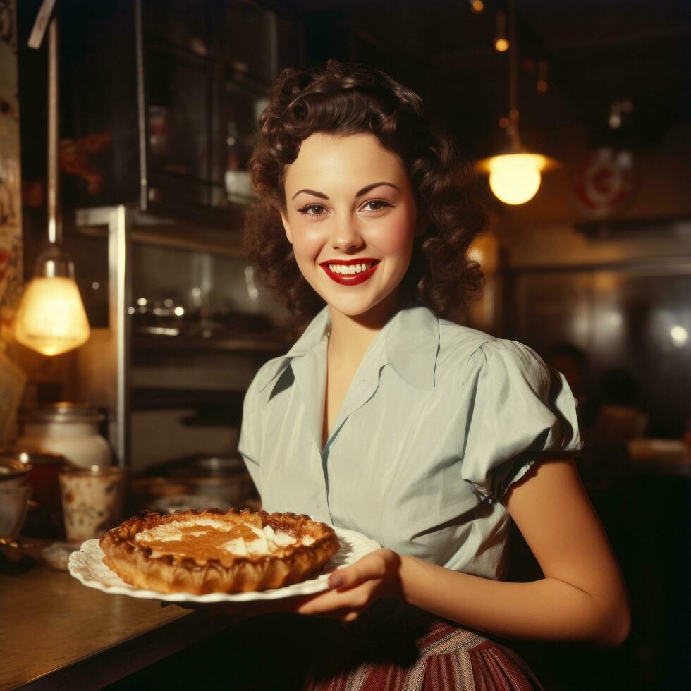 vrouw portie een plak van taart foto