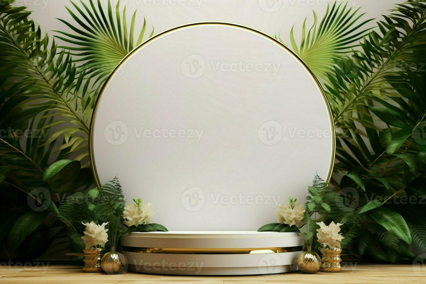 luxe presentatie 3d mockup van wit goud podium versierd met palm bladeren ai gegenereerd foto