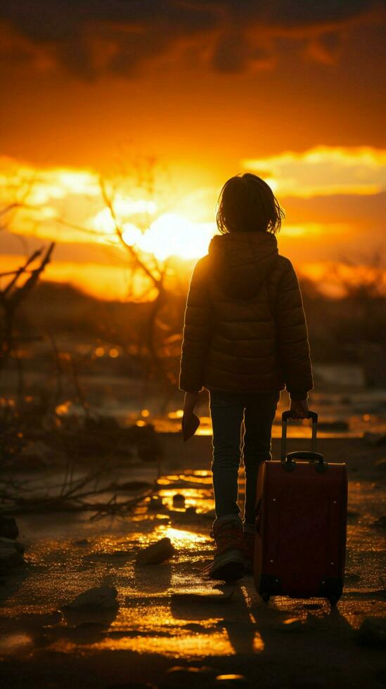 fantasierijk reis, silhouet van kind Aan koffer, tegen instelling zon verticaal mobiel behang ai gegenereerd foto