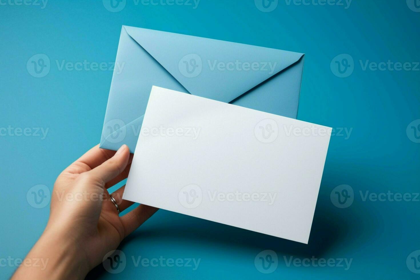 eerste persoon visie handen grijpen blauw envelop, wit kaart Aan pastel achtergrond. uitgebreid ruimte. ai gegenereerd foto