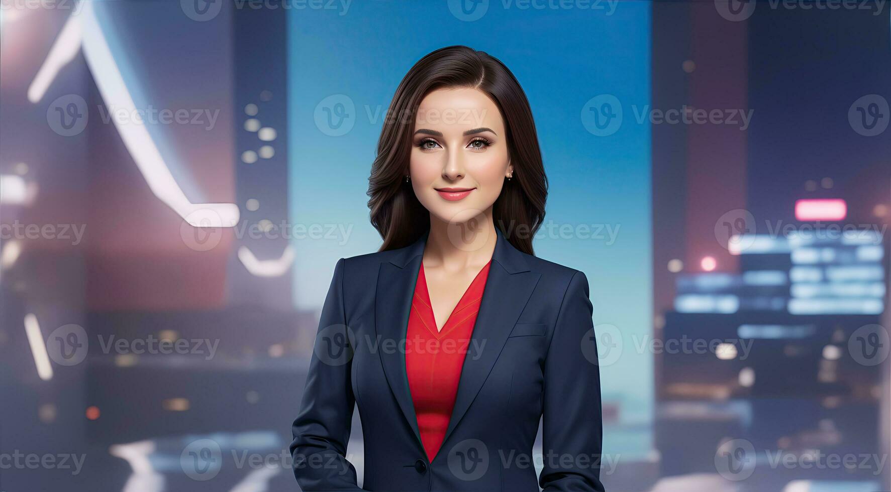 een foto van een TV nieuws vrouw presentator Aan een populair kanaal. leven stroom uitzending Aan televisie. ai generatief