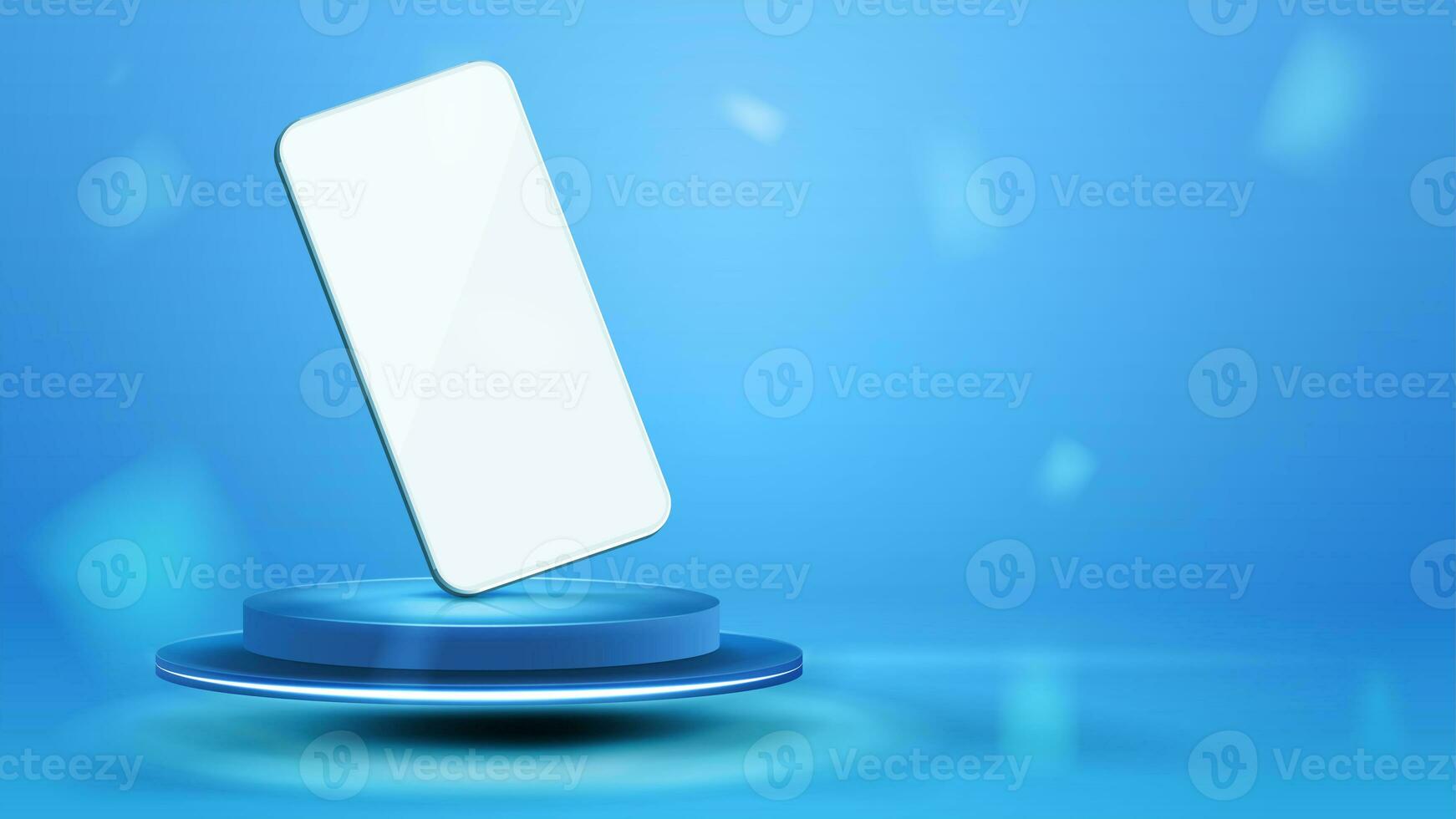 wit smartphone Aan blauw podium in blauw abstract tafereel. smartphone mockup in blauw pastel gekleurde van tafereel foto