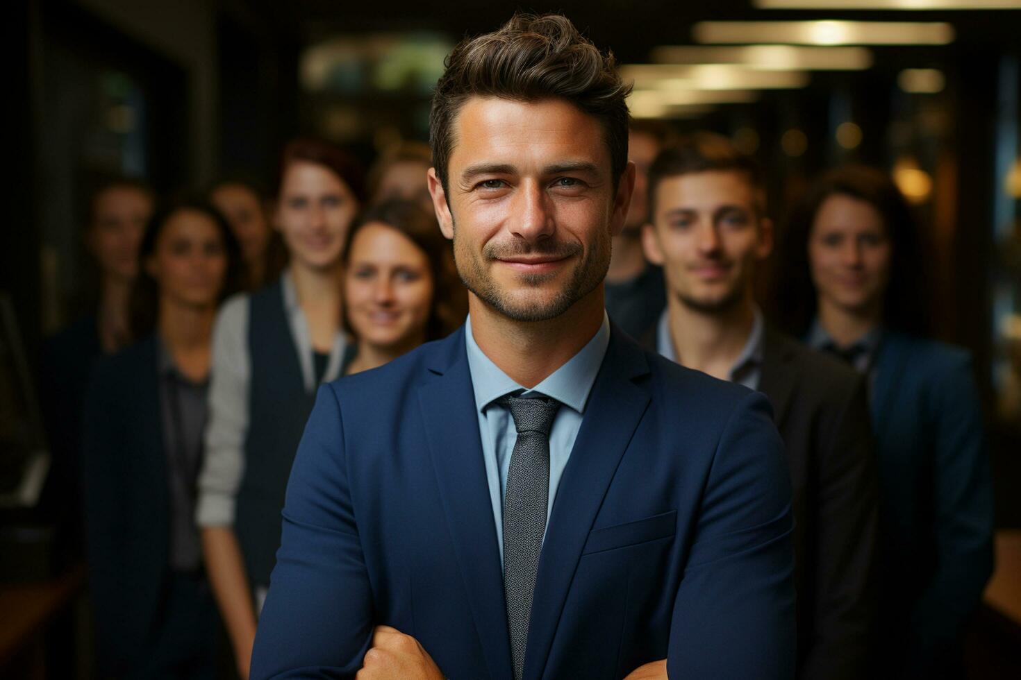 ai generatief groep van gelukkig bedrijf Mens en bedrijf Dames, gekleed in pakken zijn lachend, in de kantoor foto