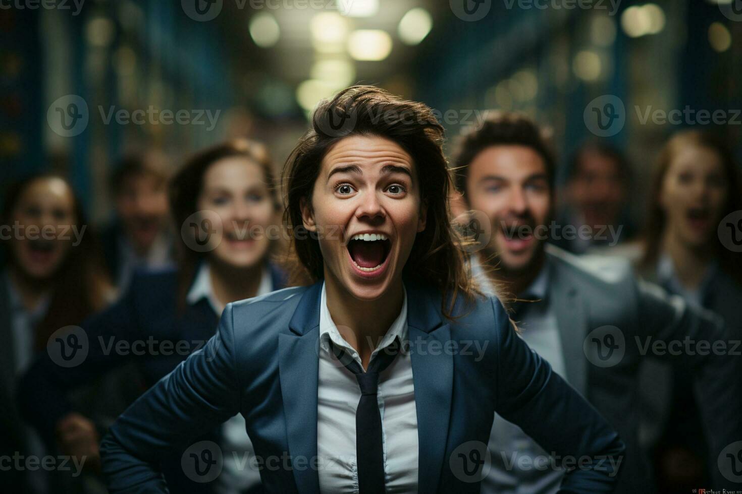 ai generatief groep van gelukkig bedrijf Mens en bedrijf Dames, gekleed in pakken zijn lachend, in de kantoor foto