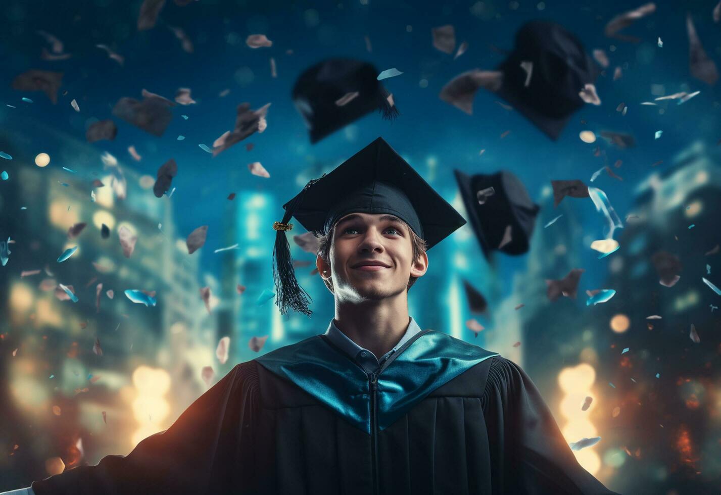 ai generatief dubbele blootstelling foto van jong Mens het werpen diploma uitreiking pet technologie achtergrond realistisch beeld