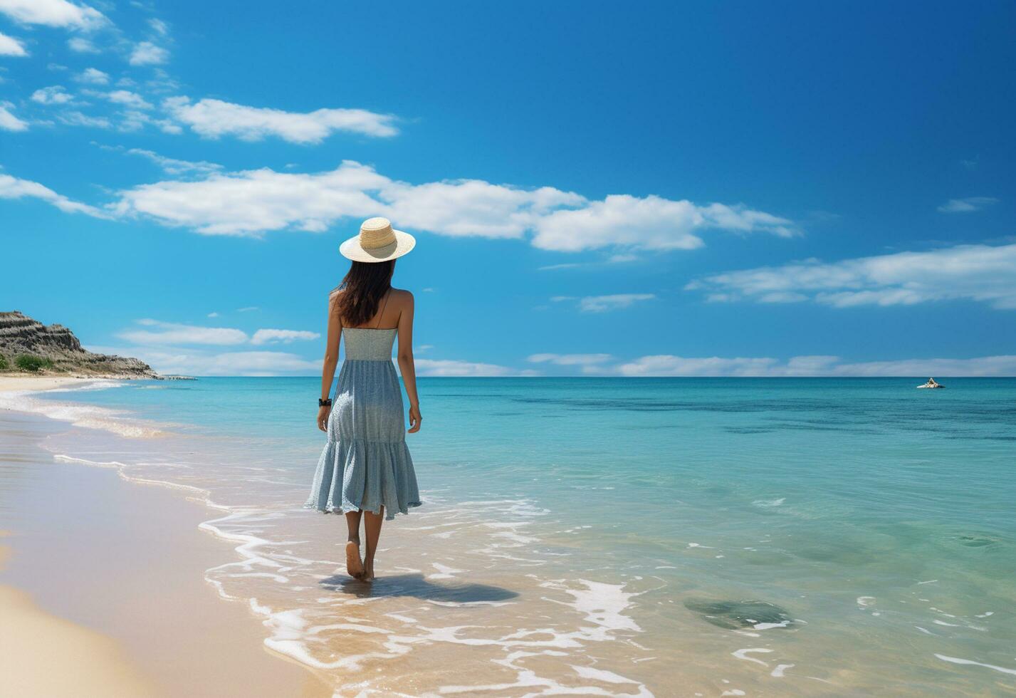 ai generatief jong toerist vrouw in zomer jurk en hoed staand Aan mooi zanderig strand. schattig meisje genieten van foto