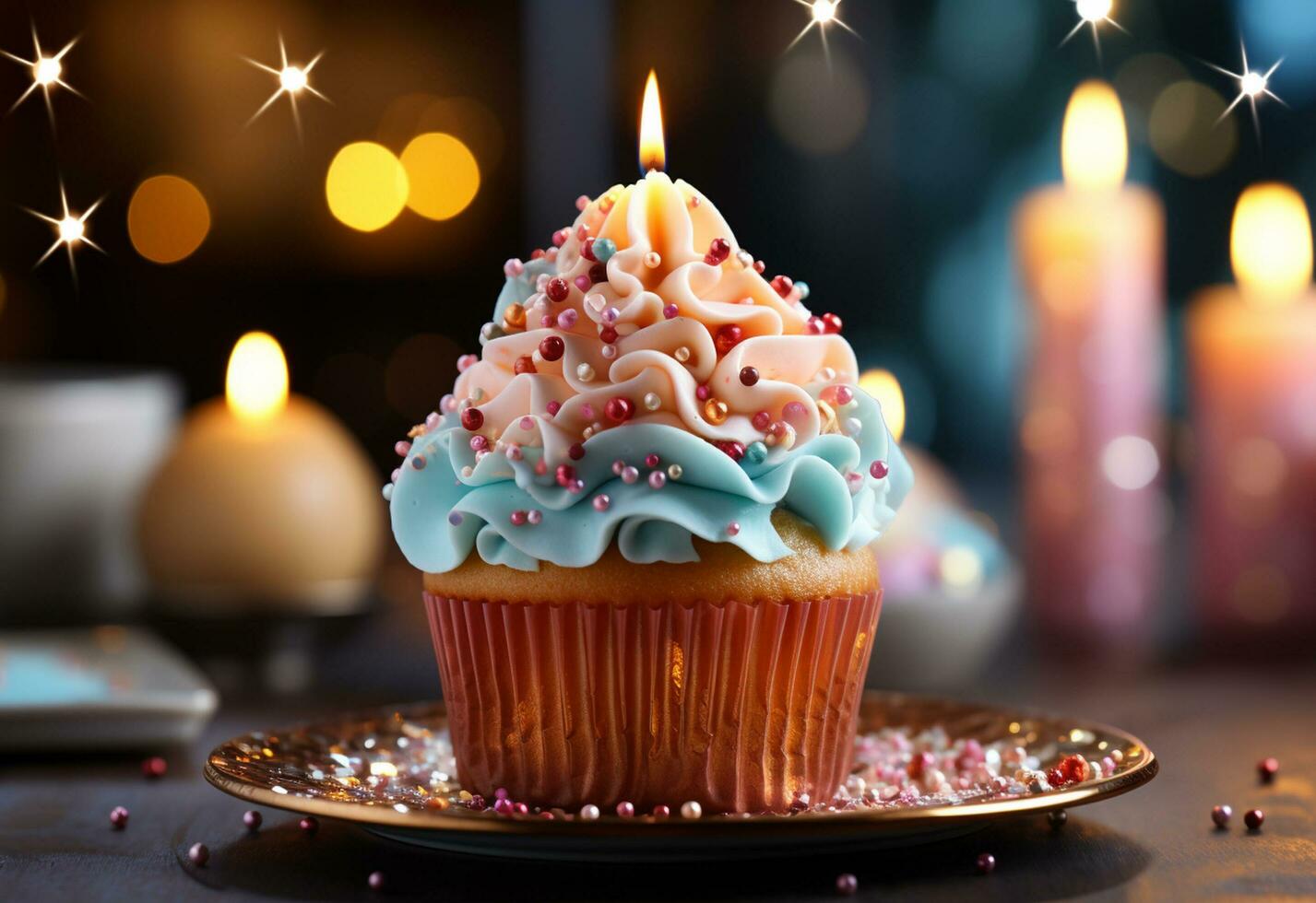 ai generatief verjaardag cupcakes met vervagen achtergrond kleurrijk ballonnen realistisch afbeelding, ultra hd, hoog ontwerp heel foto