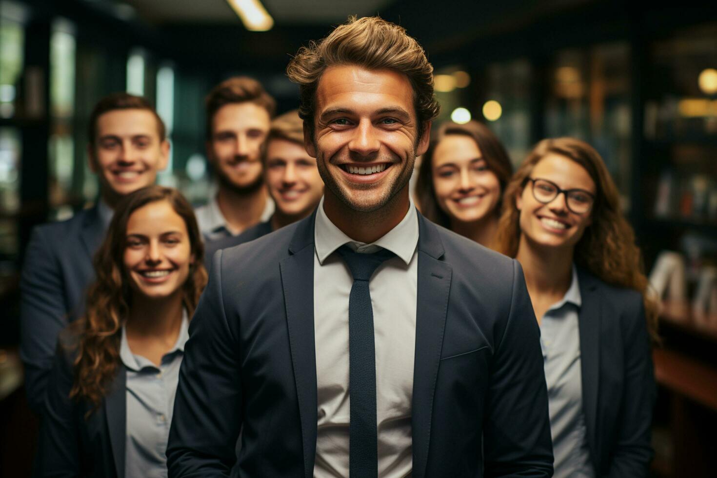 ai generatief groep van gelukkig bedrijf Mens en bedrijf Dames, gekleed in pakken zijn lachend, in de kantoor foto