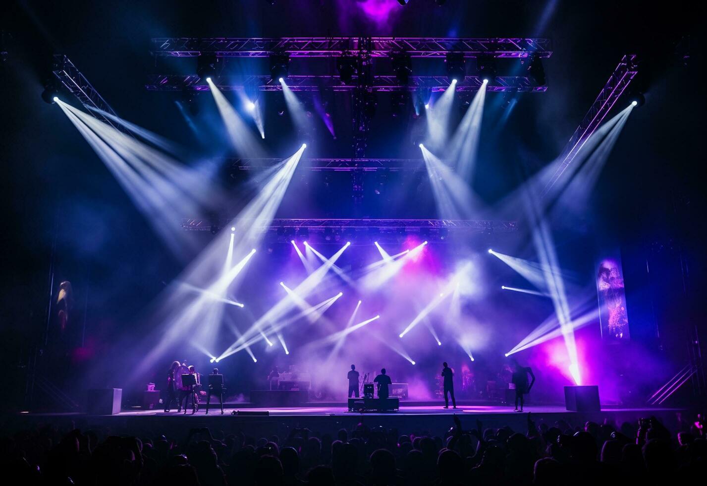 ai generatief concert stadium landschap met schijnwerpers gekleurde lichten rook foto