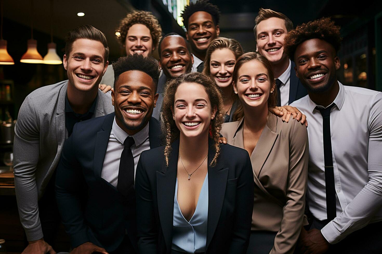 ai generatief groep van gelukkig bedrijf Mens en bedrijf Dames, gekleed in pakken zijn lachend, in de kantoor foto