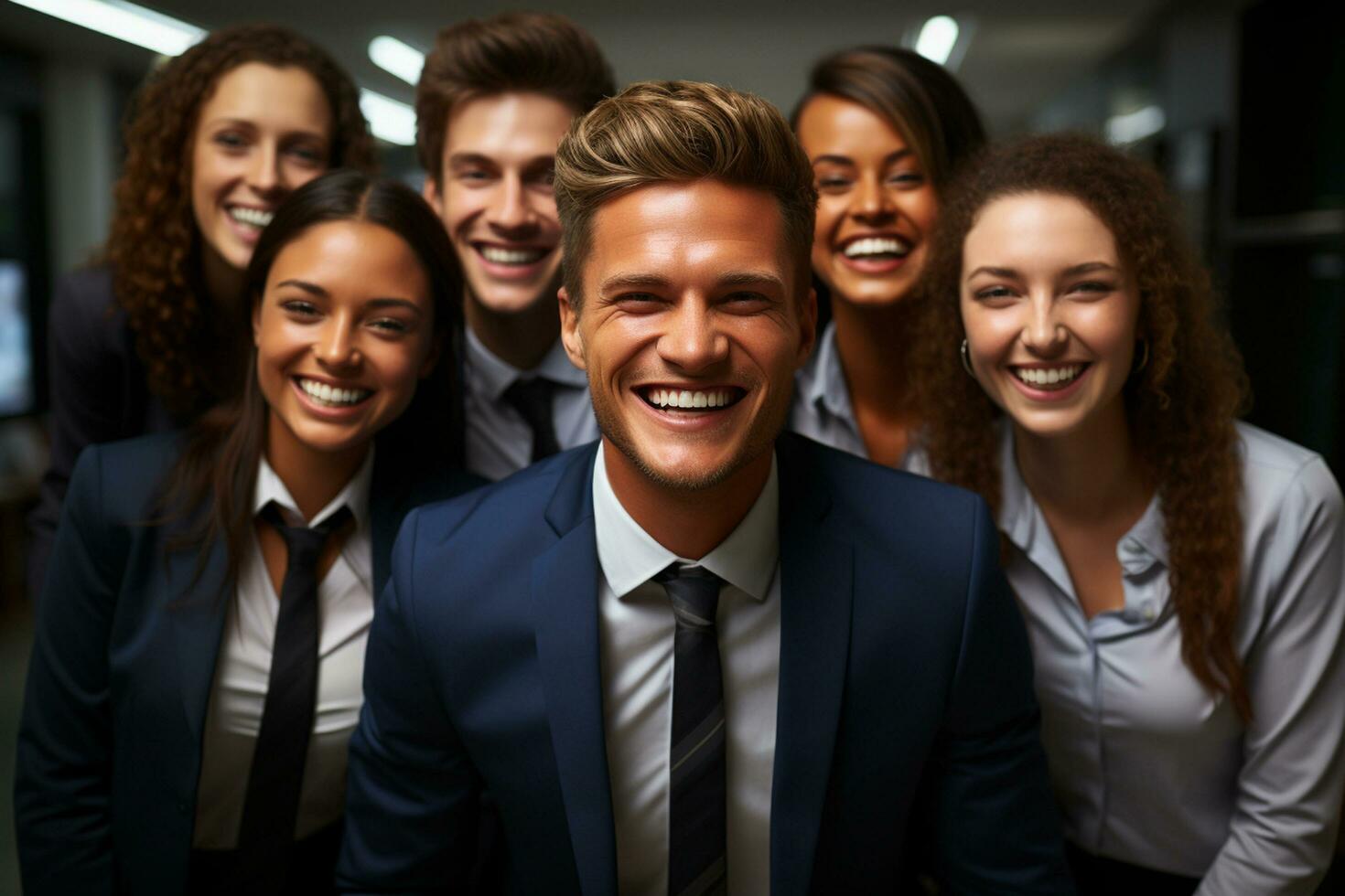 ai generatief groep van gelukkig bedrijf Mens en bedrijf Dames, gekleed in pakken zijn lachend, in de kantoor foto