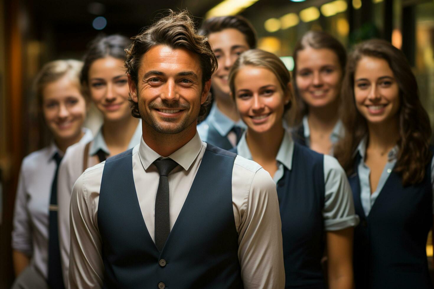 ai generatief groep van gelukkig bedrijf Mens en bedrijf Dames, gekleed in pakken zijn lachend, in de kantoor foto